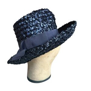 1950s/60s Jane Morgan‎ of New York Navy Wide Grosgrain Ribbon Band Raffia Boater
